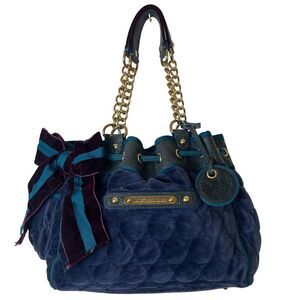 Vintage Juicy Couture Daydreamer Tote Bag Velour Quilted Blue Velvet Gold Chain
